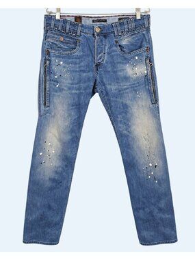 Salsa Jeans Mens 33x34 Blue Distressed Paint Splatter Slim Fit Denim Button Fly